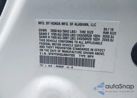 2018 Honda Pilot Elite z USA, uszkodzony, nr VIN 5FNYF6H03JB047552